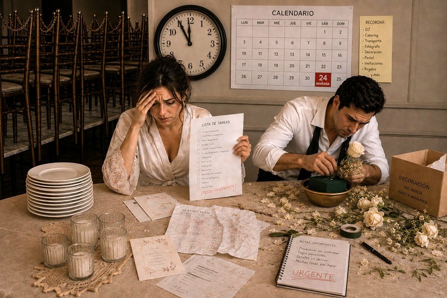 Stressed couple planning wedding