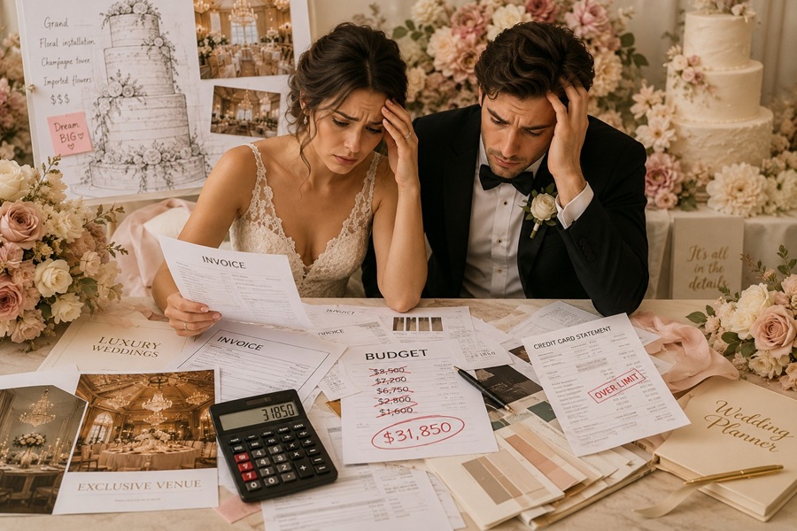 Couple reviewing wedding budget in Colombia