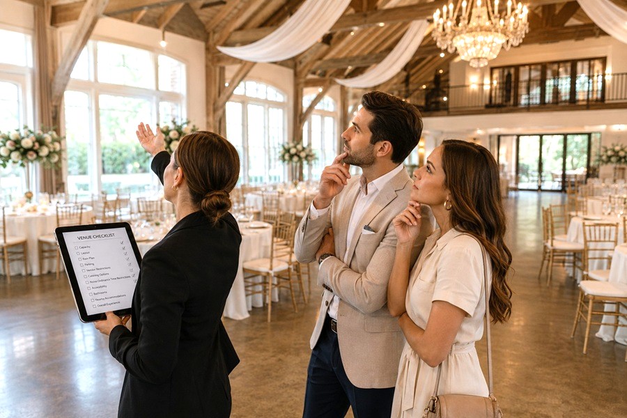 Pareja visitando lugares para boda